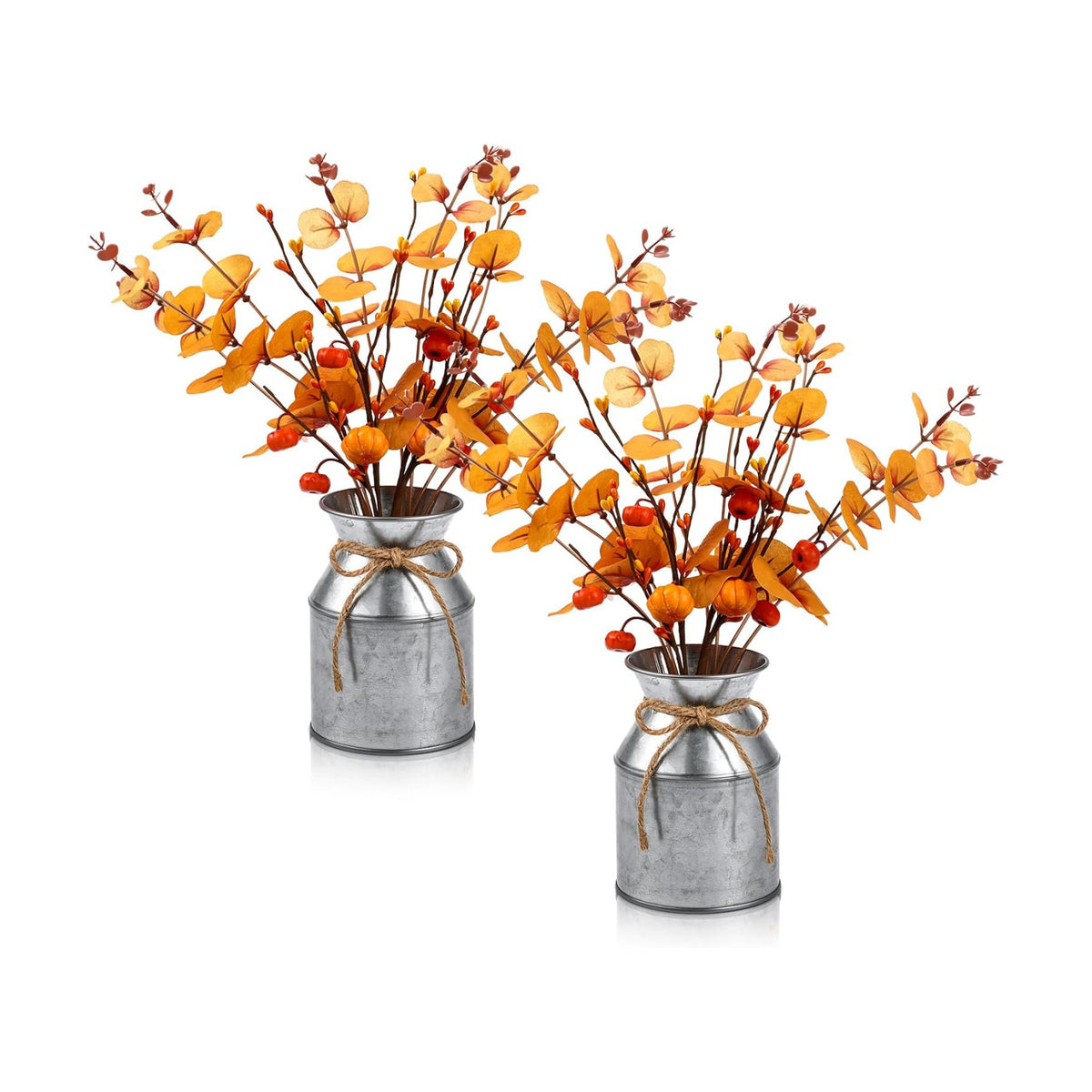 Thiccywoov 2 Set Thanksgiving Fall Table Centerpiece Decorations Artificial Orange Pumpkins Eucalyptus with Metal Vase Faux Pumpkins Plants in Pots for Autumn Harvest Party Home Dining Table Decor