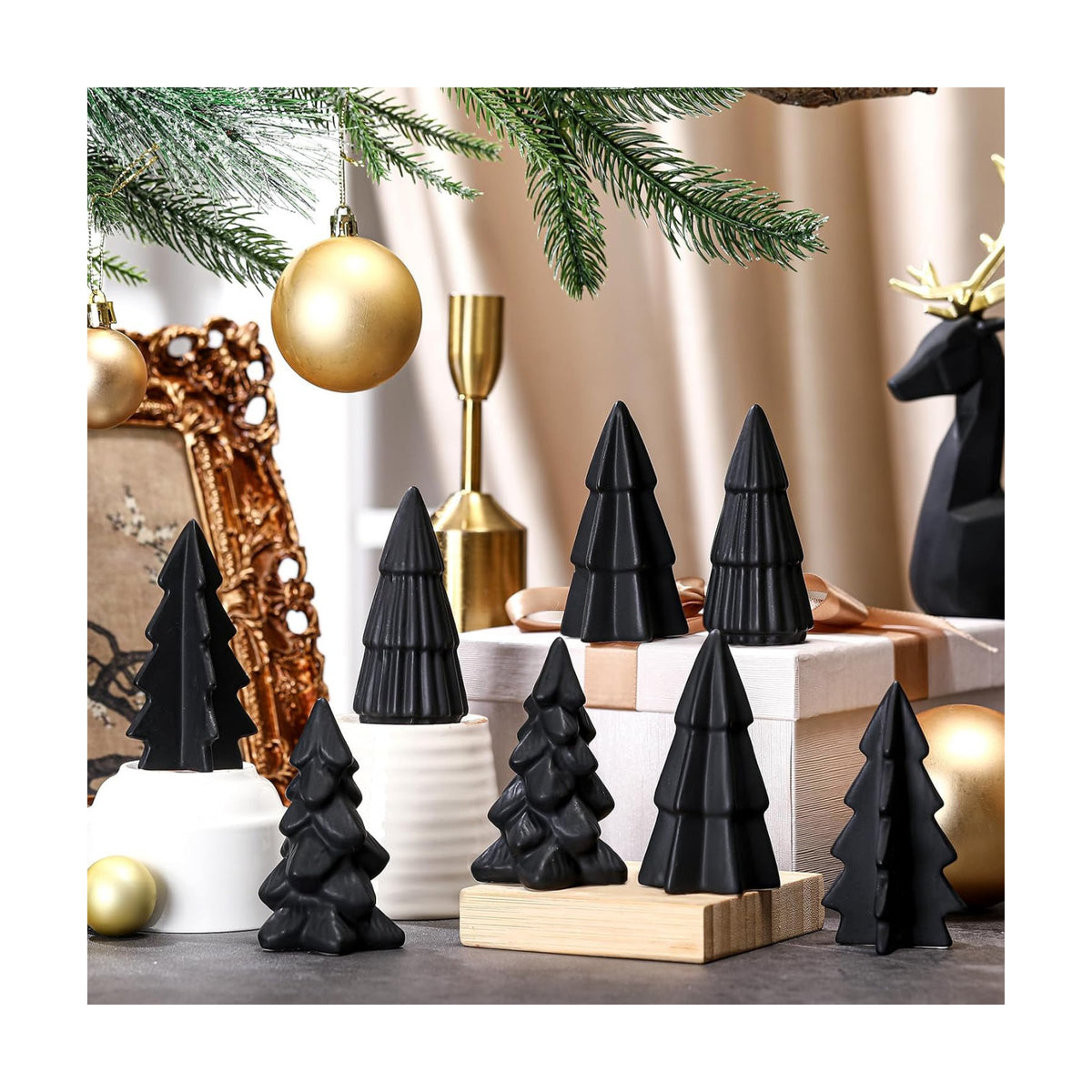 Nuenen 8 Pcs Black Ceramic Christmas Tree Decor Winter Decoration, Classic