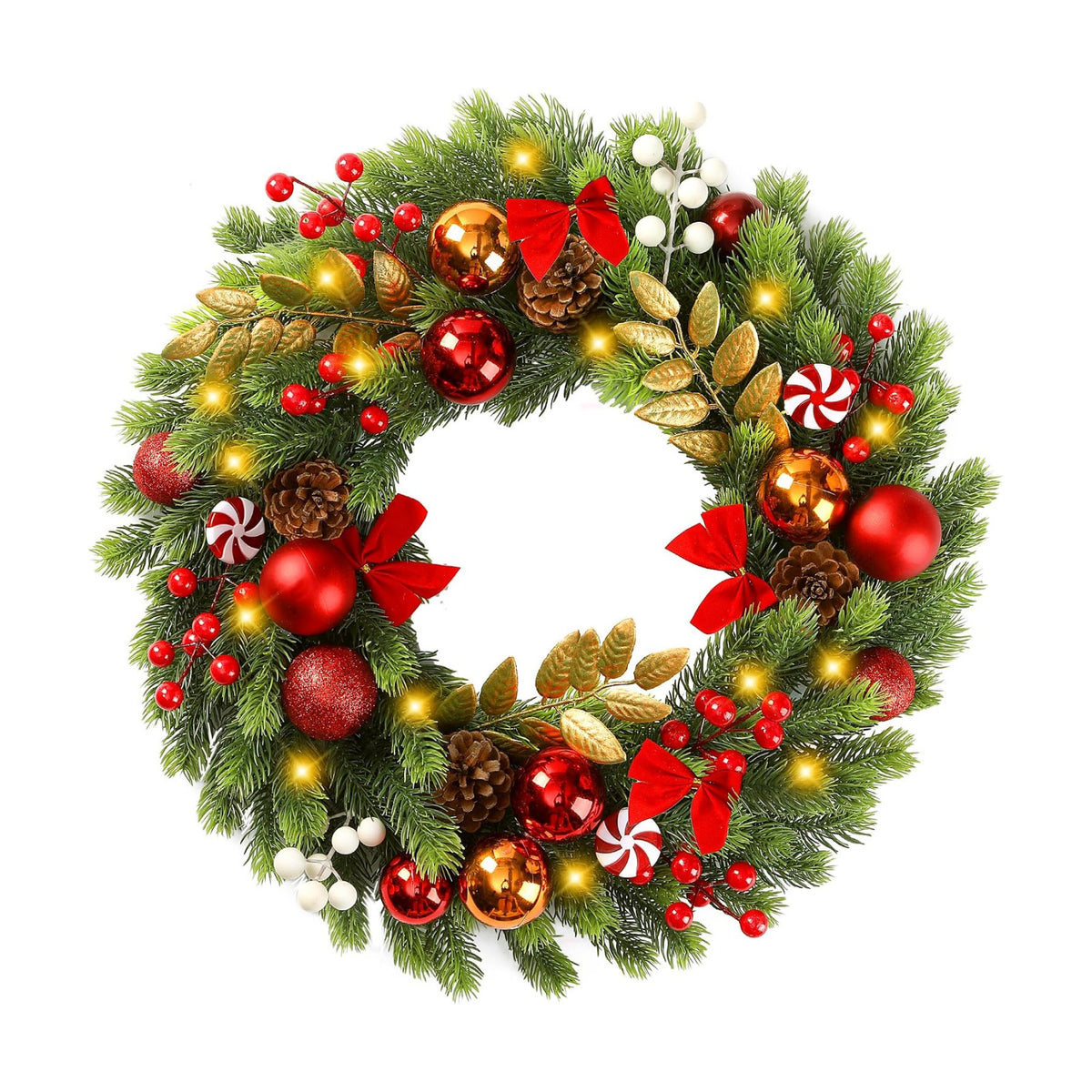 Sggvecsy 17 Inch Artificial Christmas Wreath for Front Door with 20 LED Lights Pine Needles Christmas Balls Red White Berries Pine Cones Bows Decoration for Winter Outdoor Wall Home Holiday Xmas Decor