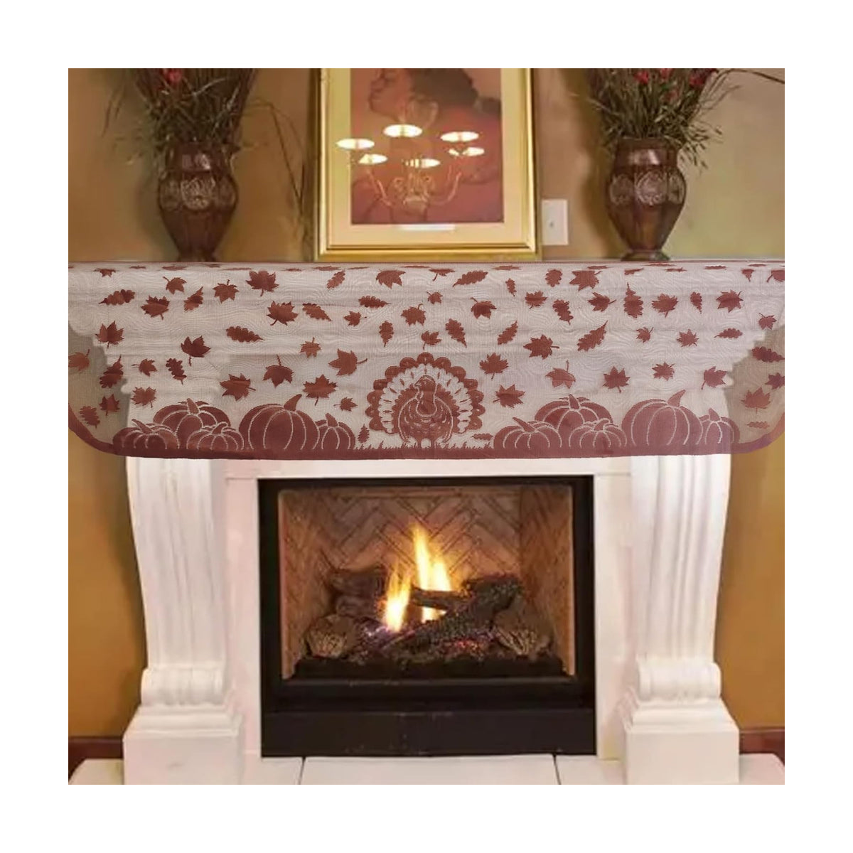 Thanksgiving Mantle Scarf for Fireplace Decorations - Lace Mantel Cover Runner Garland for Fall Home Living Room Decorations – Autumn Turkey Pumpkin Maple Oak Leaves Centerpiece Décor Indoor