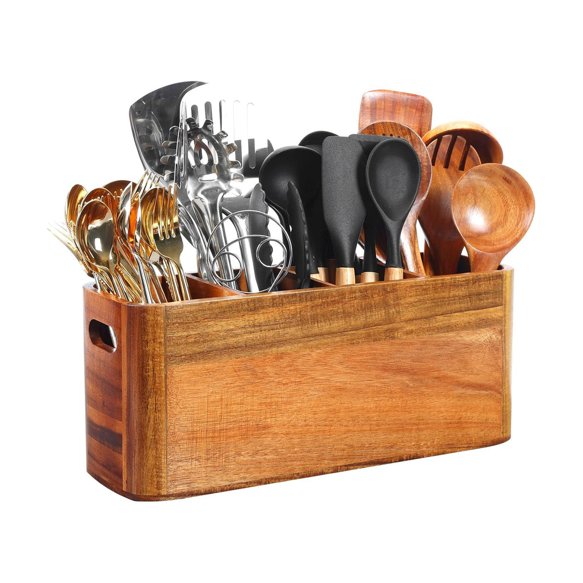 Kitchen Utensil Holder for Counter or Countertop, Extra Large Acacia Wood Organizer with 4 Compartments, Wooden Storage