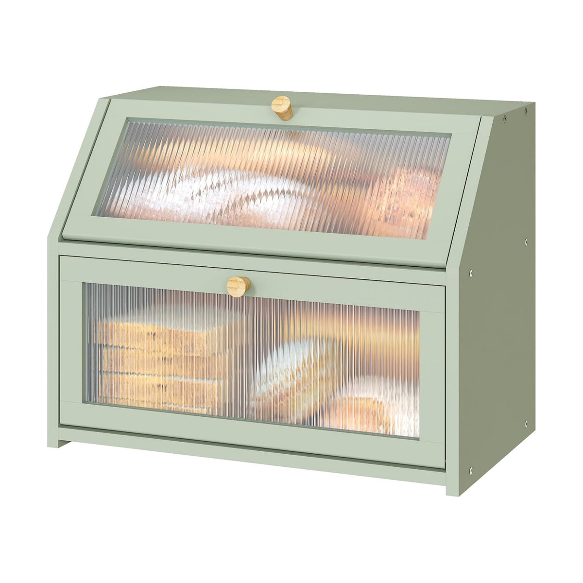 Green Bread Box for Kitchen Counter, Large Bamboo Wood Double Layer Bread Box, Wooden Bread Storage Capacity