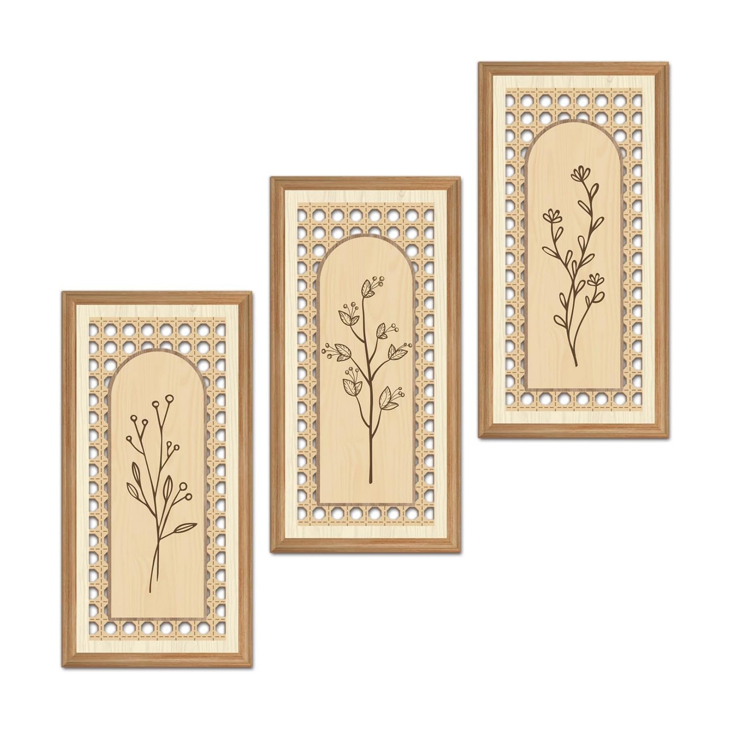 Boho Arch Wicker Wall Decor Unframed Rattan Wood Wall Art Minimalist / Botanical / 8 x 16 / Set of 3
