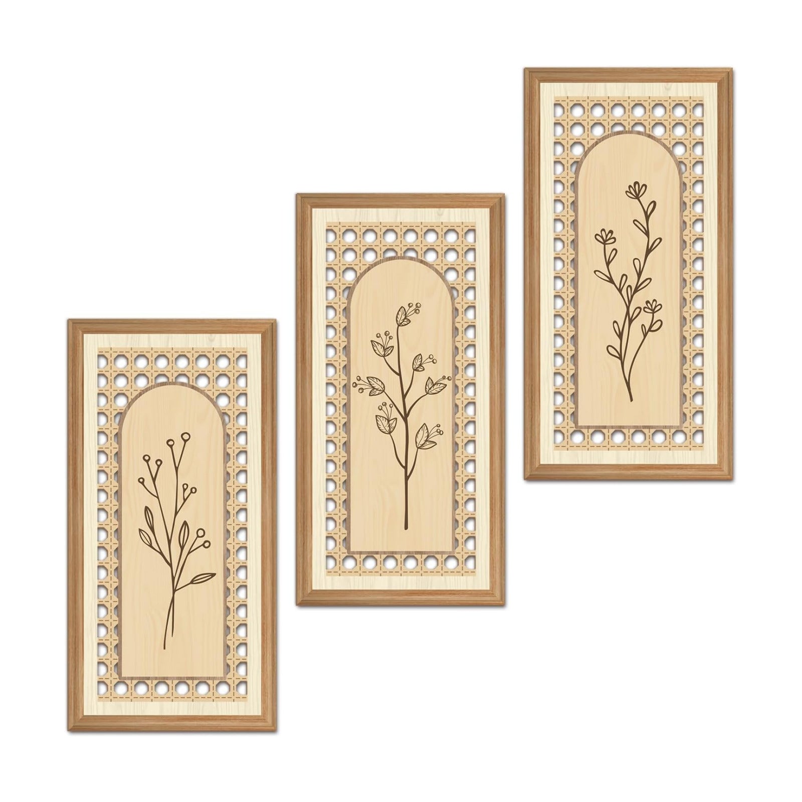 Boho Arch Wicker Wall Decor Unframed Rattan Wood Wall Art Minimalist / Botanical / 8 x 16 / Set of 3