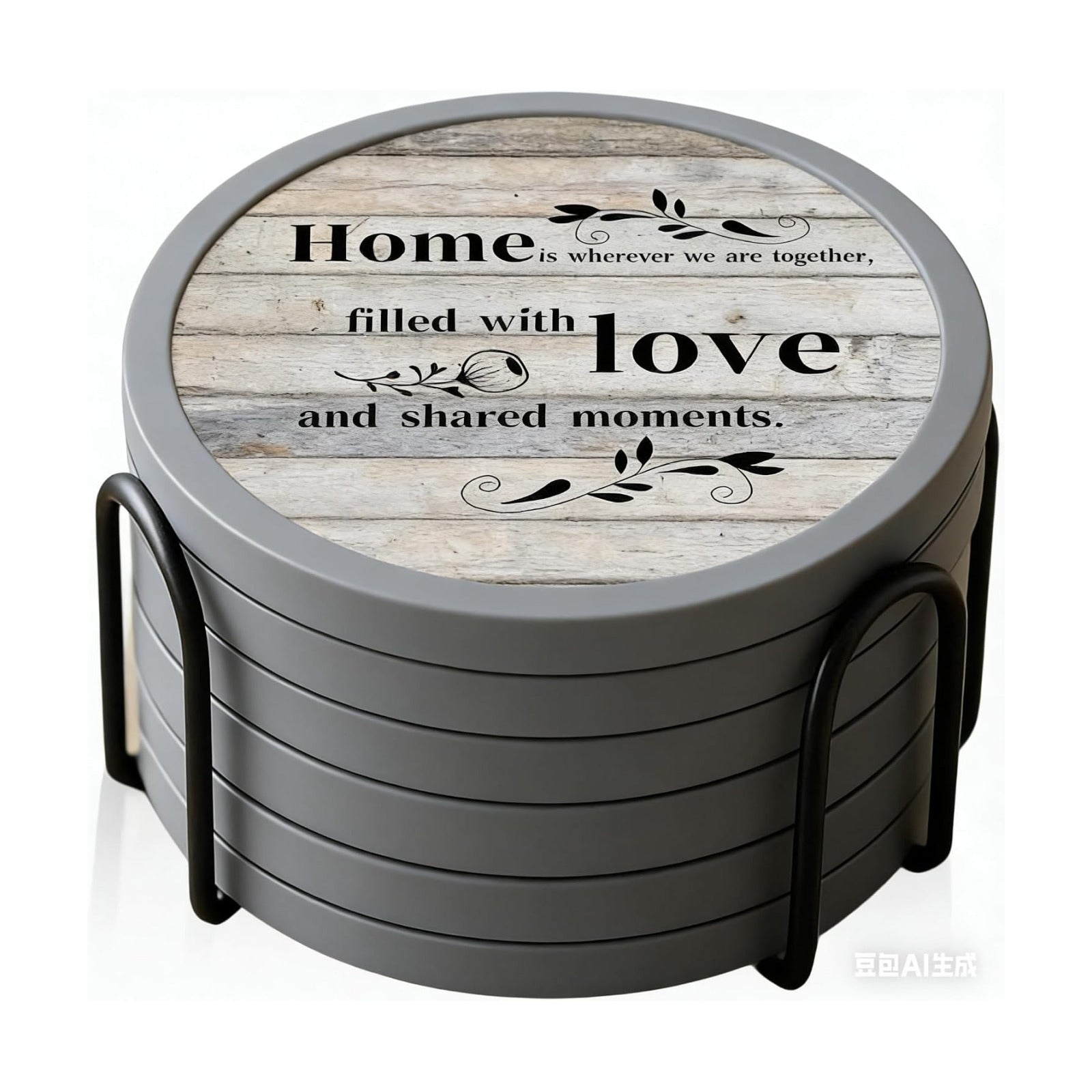 Holder / Soft Felt Insert / 4.3 Inch Coasters with 4.5 Inch Holder / Farmhouse Style-02 / Set of 6