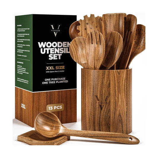 Vasilek Wooden Utensil Set XXl – 13 Piece Acacia Wood Cooking Tools with Round Holder for Nonstick Cookware with Holder