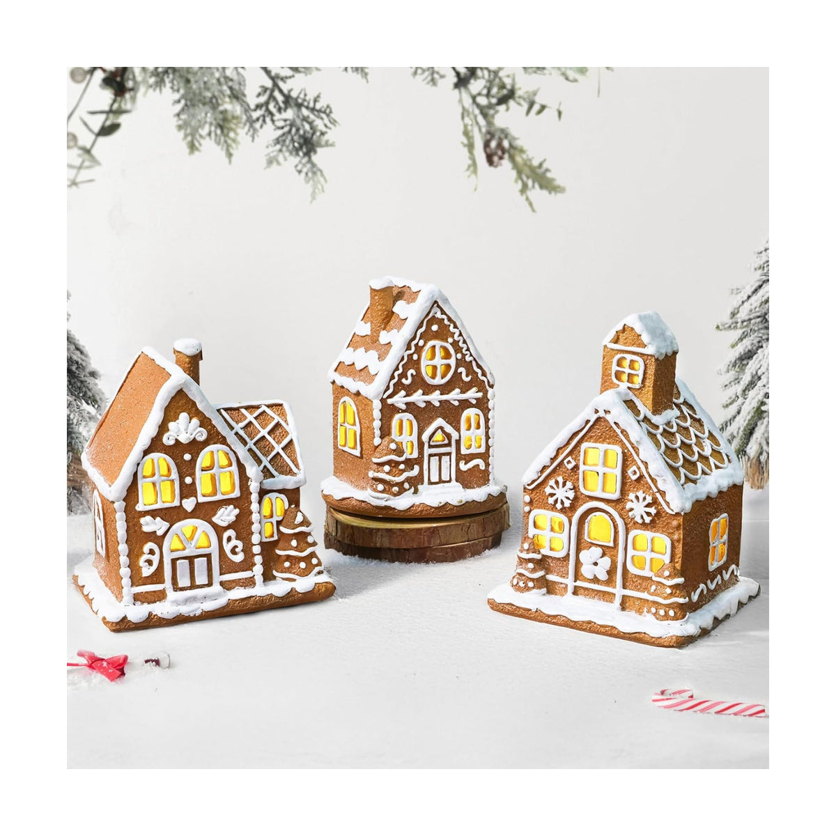 Resin Christmas Decorations: 3Pcs Light-Up Gingerbread House Christmas Village Collectible Figurines, Battery Powered LED Lights, Classic Gifts Swedish Xmas Decorations for Home Table Décor