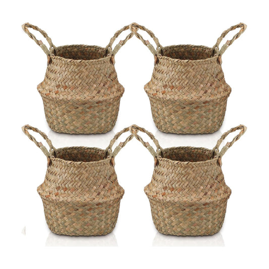 Woven Seagrass Baskets Belly Basket Folding Boho Plant Pot / Xxs,6.3''dx5.5''h / Natural / Set of 4