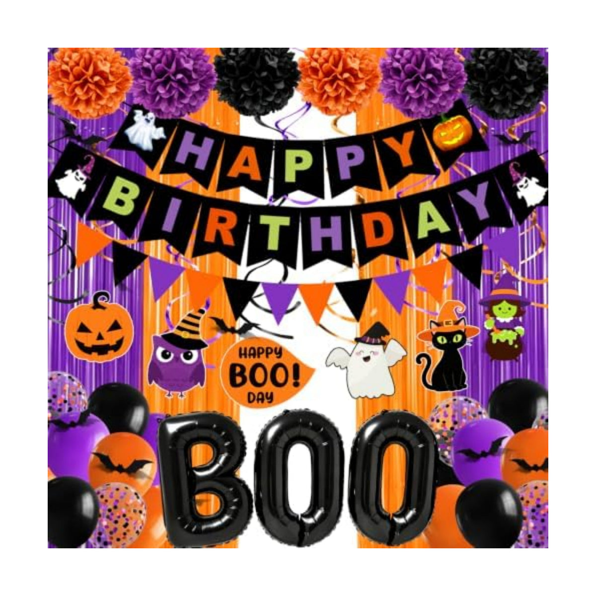 Halloween Birthday Party Decorations, 73PCs Halloween Birthday Decorations Set Including HAPPY BIRTHDAY Banner Bat Stickers Hanging Garland Swirl Streamers Purple Orange Black Balloons Honeycomb Ball