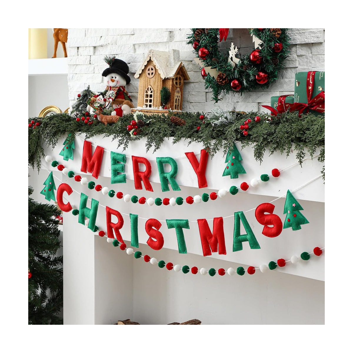 Mindsoft 4 Pcs Felt Merry Christmas Banner Pom Pom Garland for Mantel