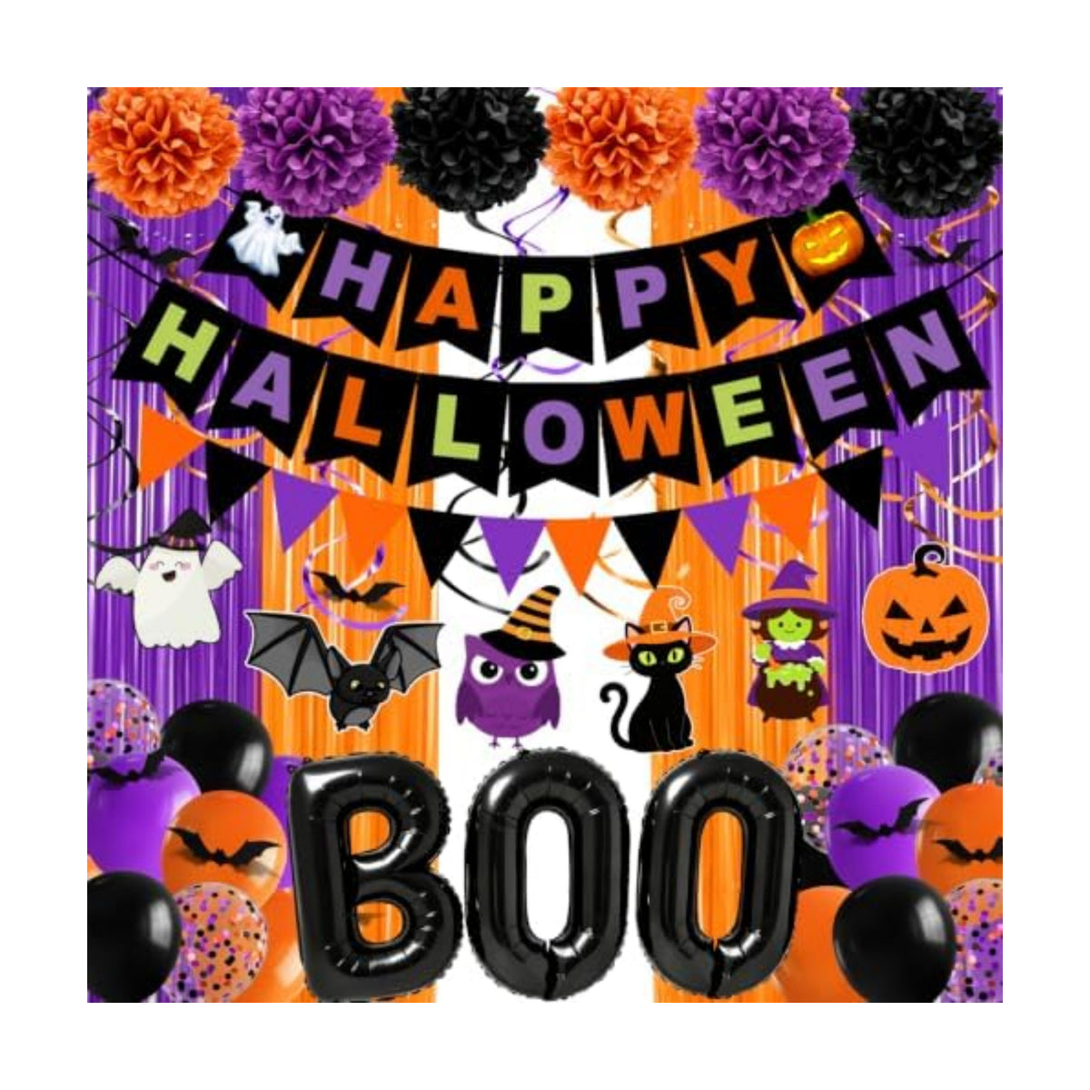 Halloween Party Decorations, 73PCs Halloween Decorations Indoor Set Including HAPPY HALLOWEEN Banner Bat Stickers Hanging Garland Swirl Streamers Fringe Curtains BOO Balloons for Classroom Home Decor