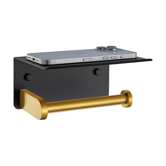 APLusee Toilet Paper Holder with Storage Shelf, Black & Gold, Wall Mounted | Rustproof 304 Stainless Steel, Fits for
