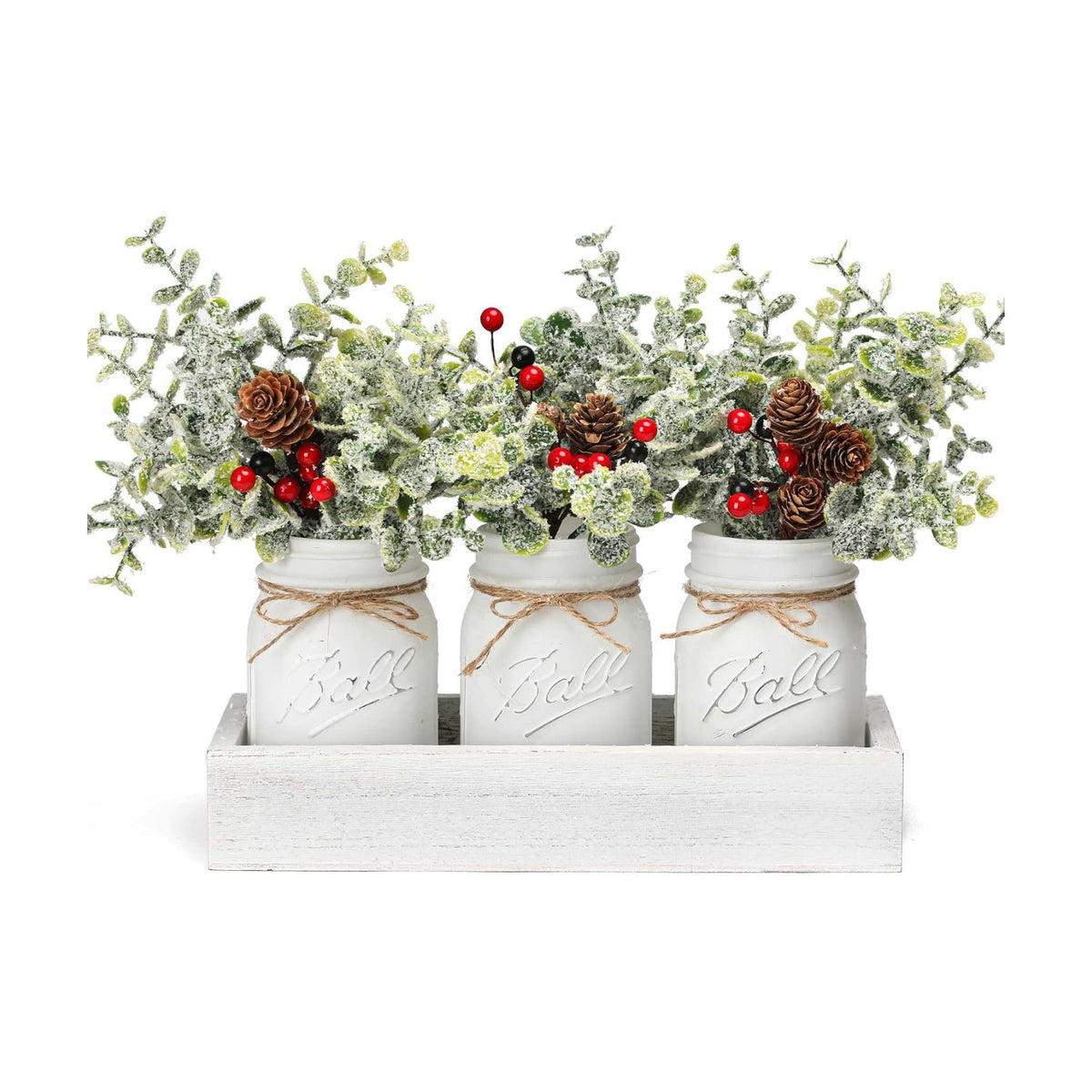 Christmas Mason Jars, Set of 3 White Painted Jars with Artificial Pine and Berries in Wood Tray, Christmas Centerpieces for Dining Table, Winter Home Decor