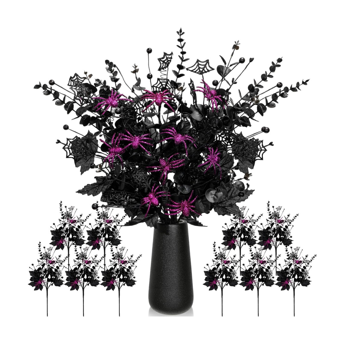 Giegxin 10 Pcs Halloween Floral Picks Halloween Decorations 19.5inch Black Artificial Flowers Branches Eucalyptus Stems Glitter Spiderweb Maple Leaf Stems for Home Indoor Party Vase Arrangement Decor