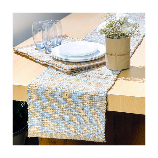 Natural Jute Table Runner, 13x72 Inch | Sky Blue-White, Vintage Boho Rustic Decor, Handwoven, Farmhouse Dining or