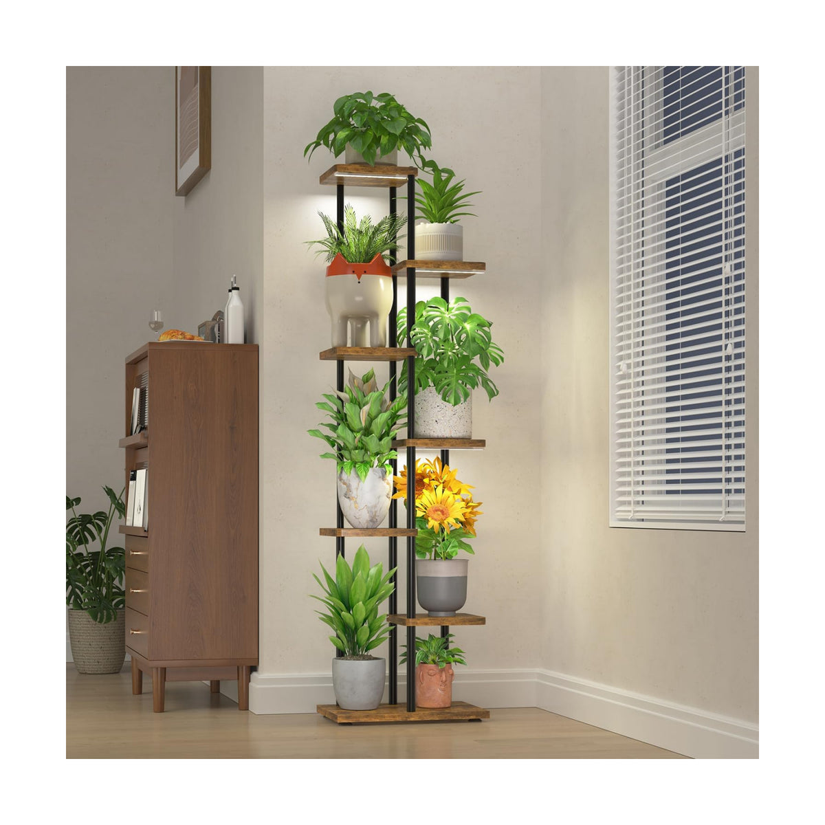 LASZOLA Plant Stand Tall for Indoor Corner with Light, 6 Tier Wood Brown | Heavy Duty Multi Level Vertical Flower Shelf