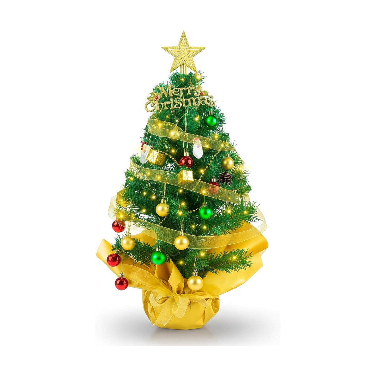 23 in Small Christmas Tree with Lights, Mini Tabletop Tree Desk Decor