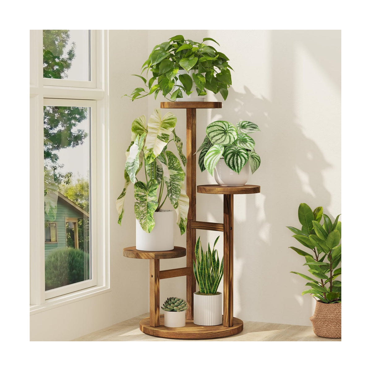 iDavosic.ly 3 Tier Wood Plant Stand Indoor Outdoor Corner Tall Shelf, Brown | Sturdy Tiered Orchid Display Rack