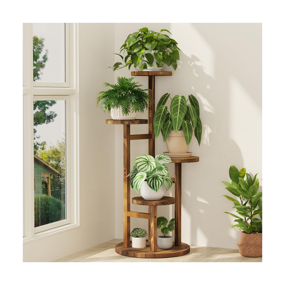 iDavosic.ly 4 Tier Wood Plant Stand Indoor Outdoor Corner Tall Shelf, Brown | Sturdy Tiered Orchid Display Rack