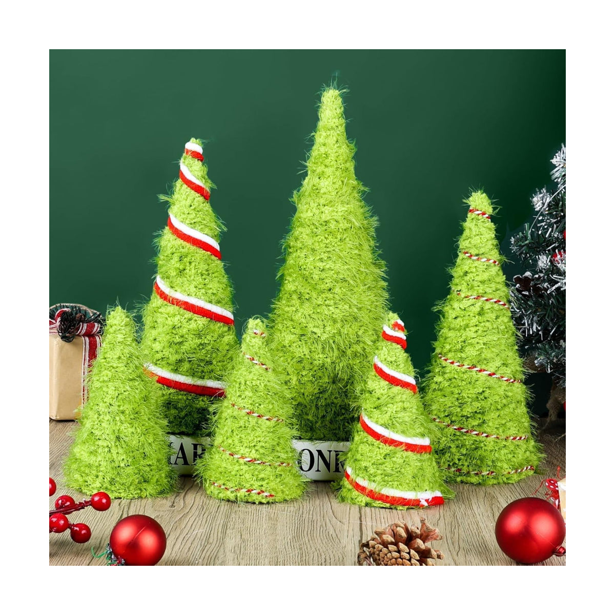 6 PCS 12" 10" 6" Lime Green Furry Christmas Cone Tree Christmas Handmade Xmas Velvet Trees Tabletop Centerpieces Mini Farmhouse Red Green Tree for Kitchen Mantle Winter Home Wedding Party Ornaments