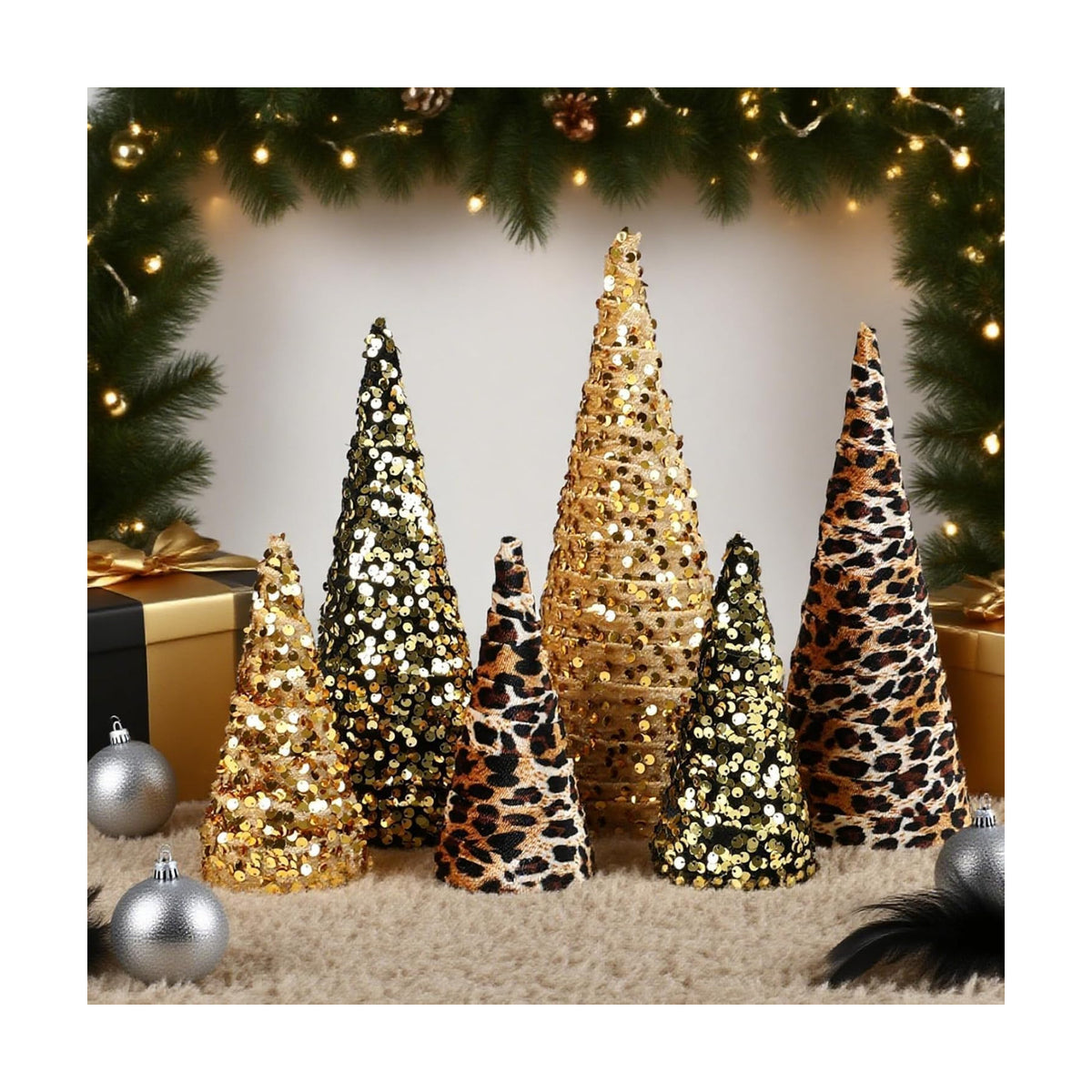 6 PCS 12" 10" 6" Christmas Leopard Cone Tree Decoration Christmas Glitter Leopard Cheetah Print Table Tree Farmhouse Velvet Tree Tiered Tray Ornament for Home Holiday Tree Centerpiece Decor