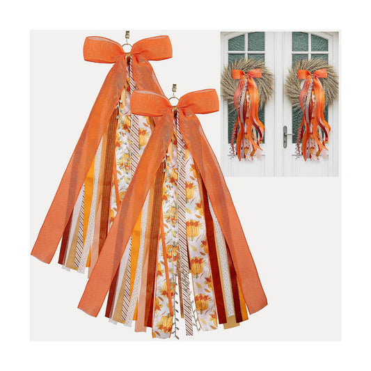 RunNico 2 Pcs Thanksgiving Assorted Ribbon Bow for Wreath, Large Fall Clip-On Wreaths Ribbon Bundle, Orange Decorative Wreath Sash Bundle for Thanksgiving Day Party Autumn Front Door Yard Porch Decor