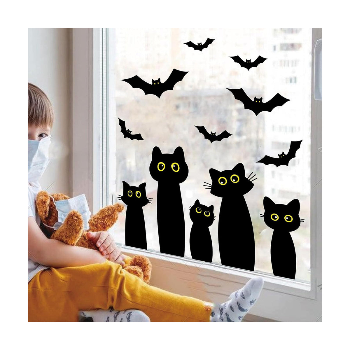 Whaline 6 Sheets Halloween Black Cat Window Clings Cartoon Cat Bat Silhouette Reusable Window Decals for Spooky Holiday Home Office School Glass Decor