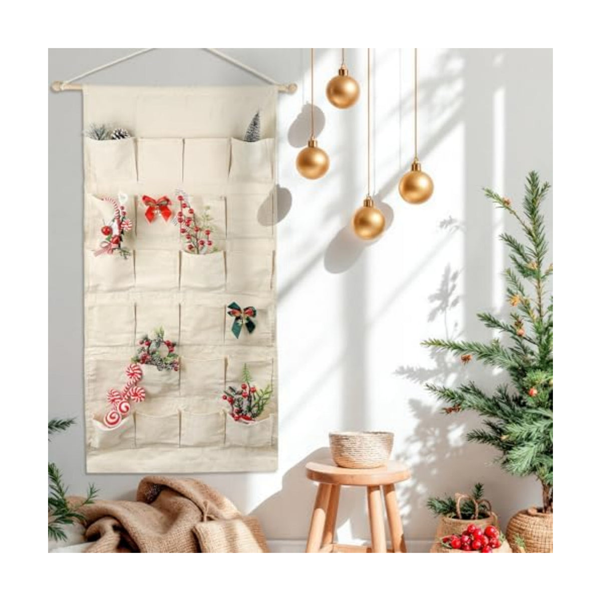 Fabric Christmas Advent Calendar with Pockets,Christmas Advent Calendar,Reusable Natural 24 Days Countdown Advent Calendar Hanging Storage Bag for Xmas Holiday Home Wall Decoration