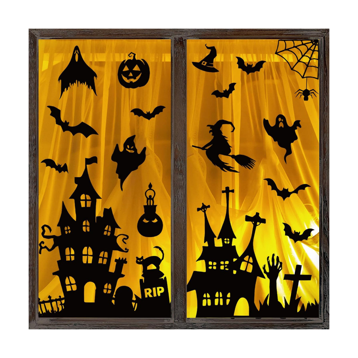 Whaline 6 Sheets Halloween Window Clings Black Castle Graveyard Bat Silhouette Reusable Window Decals for Spooky Holiday Haunted House Home Office School Glass Decor