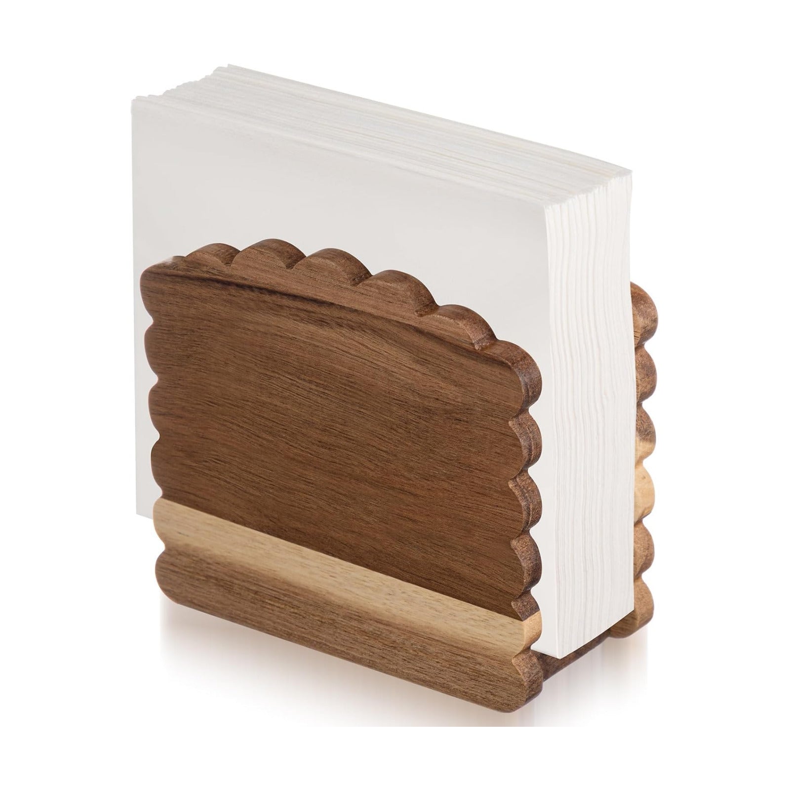 Acacia Wood Napkin Holder Scalloped Upright Napkin Dispenser / No Text / Dark Brown