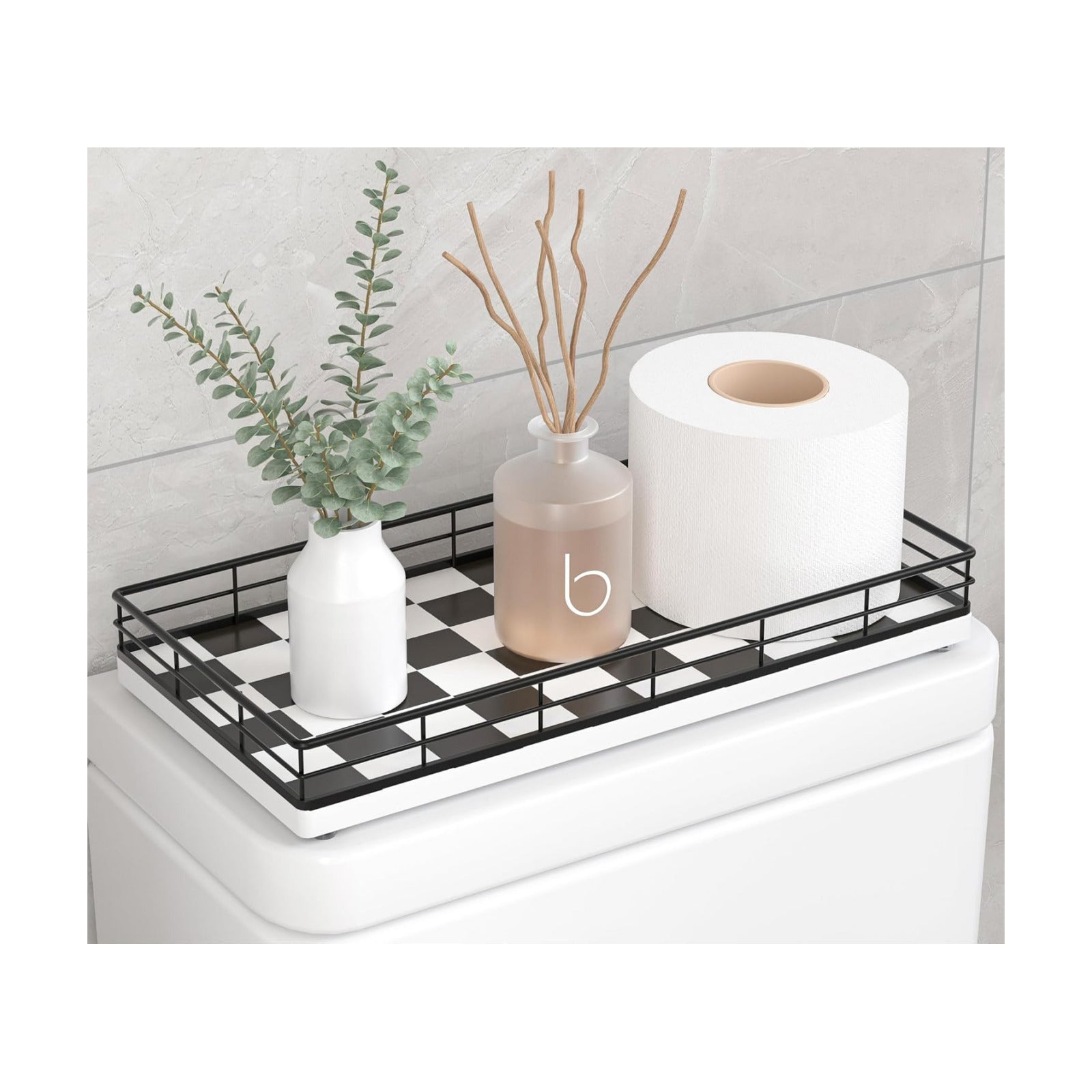 Metal Frame / Oak Wood Toilet Tank Tray / Black & White / 13 x 6.5 x 2