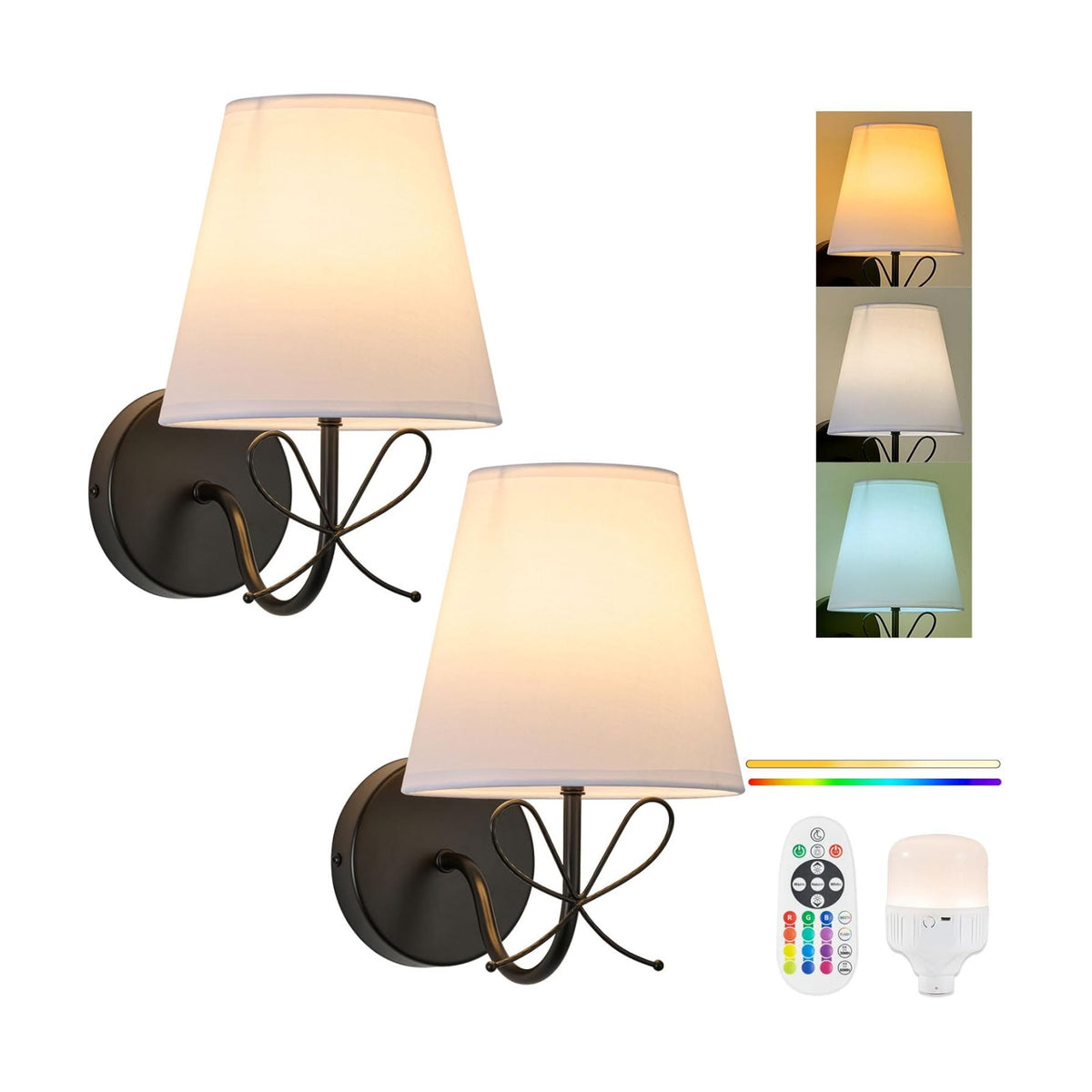PASSICA DECOR Bow Lamp Battery Operated Wall Sconces Set of 2, Rechargeable Dimmable LED Lights with 15 Colors, Timer