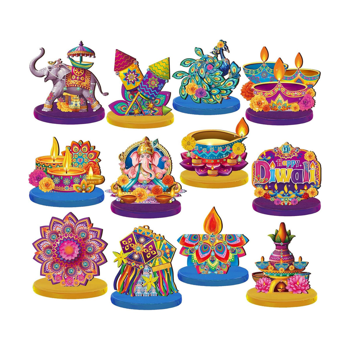 Wesiti 12 Pcs Diwali & Ganesh Chaturthi Decorations Diwali Table Decorations Signs Indian Festival Table Centerpiece with Ganesha Idol, Peacock, Lotus Marigold Tea Lights for Mandap Home Office Decor