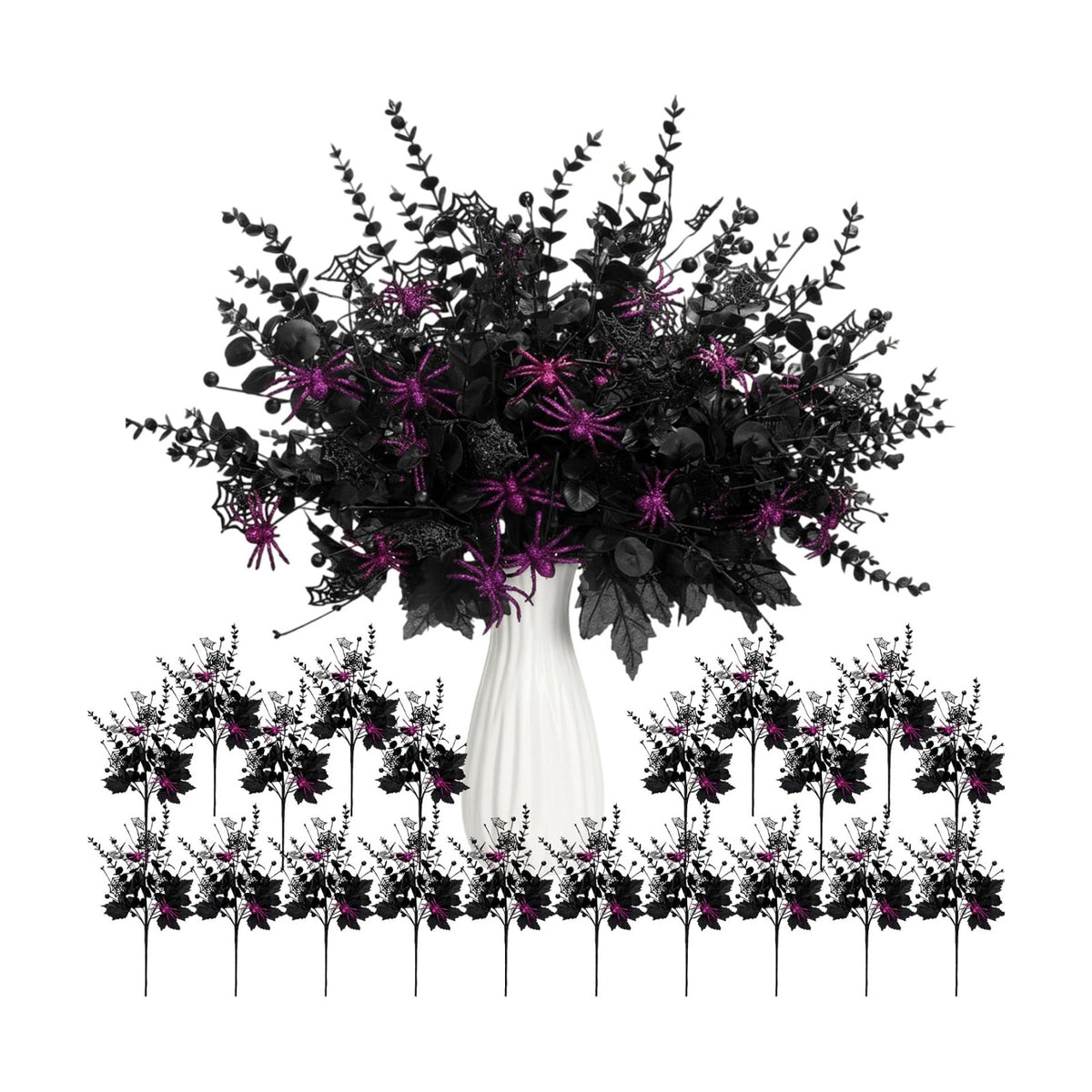 Giegxin 20 Pcs Halloween Floral Picks Halloween Decorations 19.5inch Black Artificial Flowers Branches Eucalyptus Stems Glitter Spiderweb Maple Leaf Stems for Home Indoor Party Vase Arrangement Decor