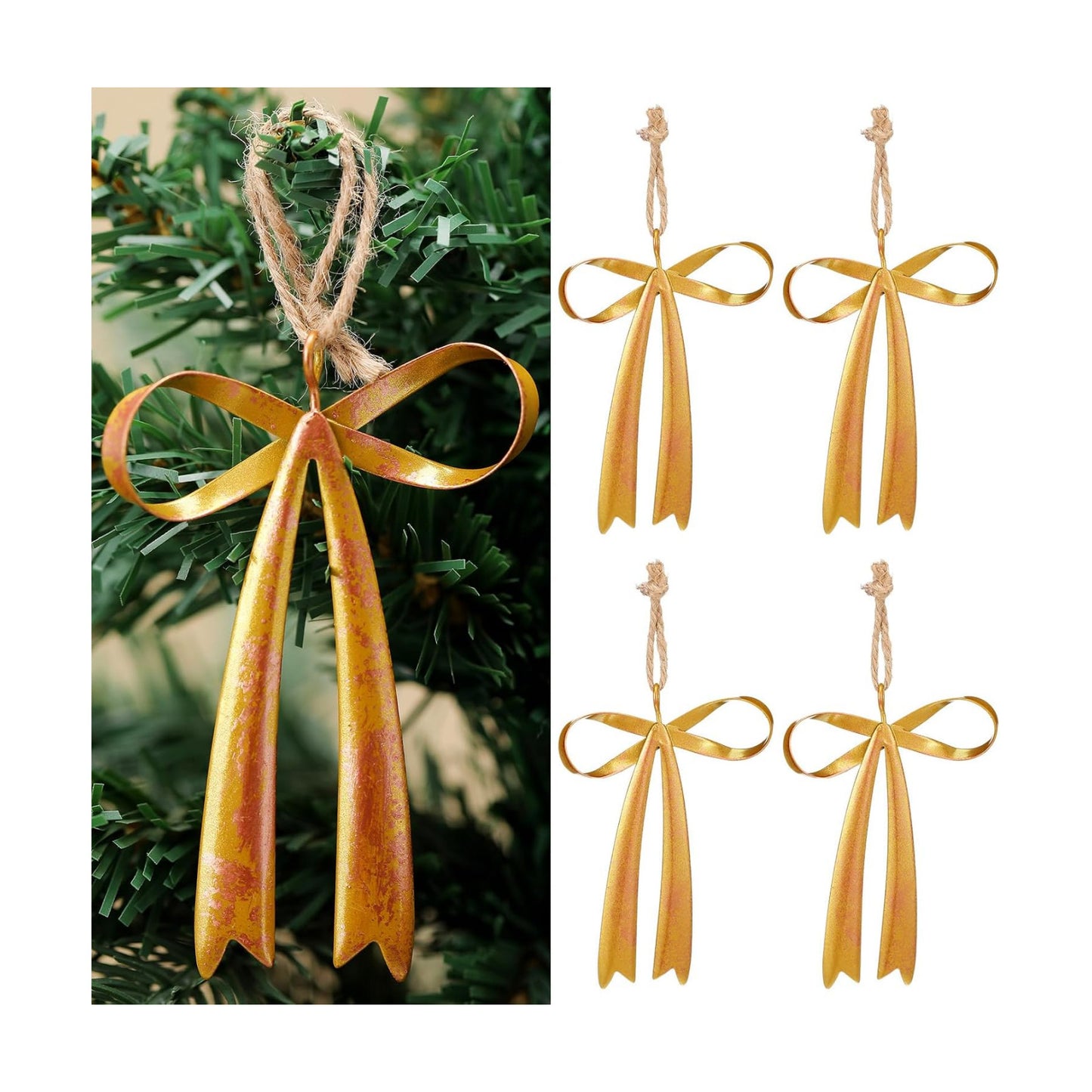 Brass Bow Metal Christmas Ornaments Vintage Rust Bow Hanging / Gold / 3.5 x 2.8 / Set of 12