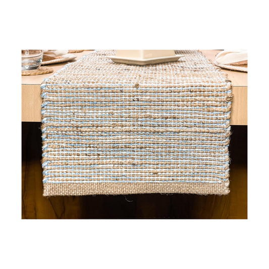 Natural Jute Table Runner, 13x90 Inch, Sky Blue-White | Vintage Boho Rustic Decor, Handwoven, Farmhouse Dining or