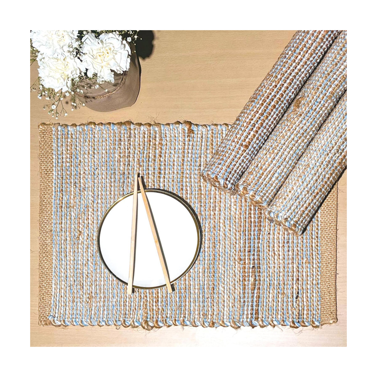 Natural Jute Placemats, Sky Blue-White, Set of 4, 13x19 in | Rustic Handmade Boho Table Mats, Kitchen, Everyday Meals