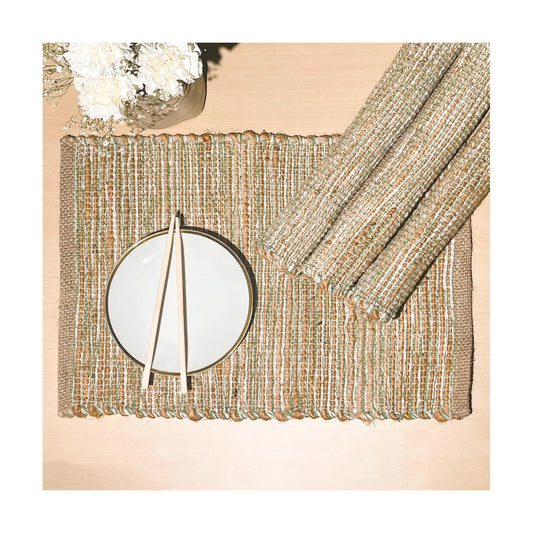 Natural Jute Sage Green-White Placemats, Set of 4, 13x19 | Rustic Handmade Boho Table Mats, In Dining Table, Kitchen