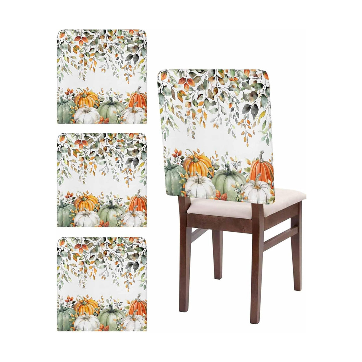 Fall Chair Covers Set of 4 Sage Green Pumpkin Chair Slipcover Protector Removable Stretch Chair Covers Autumn Eucalyptus Leaves Thanksgiving Chair Back Covers for Dining Chairs Kitchen Holiday Party