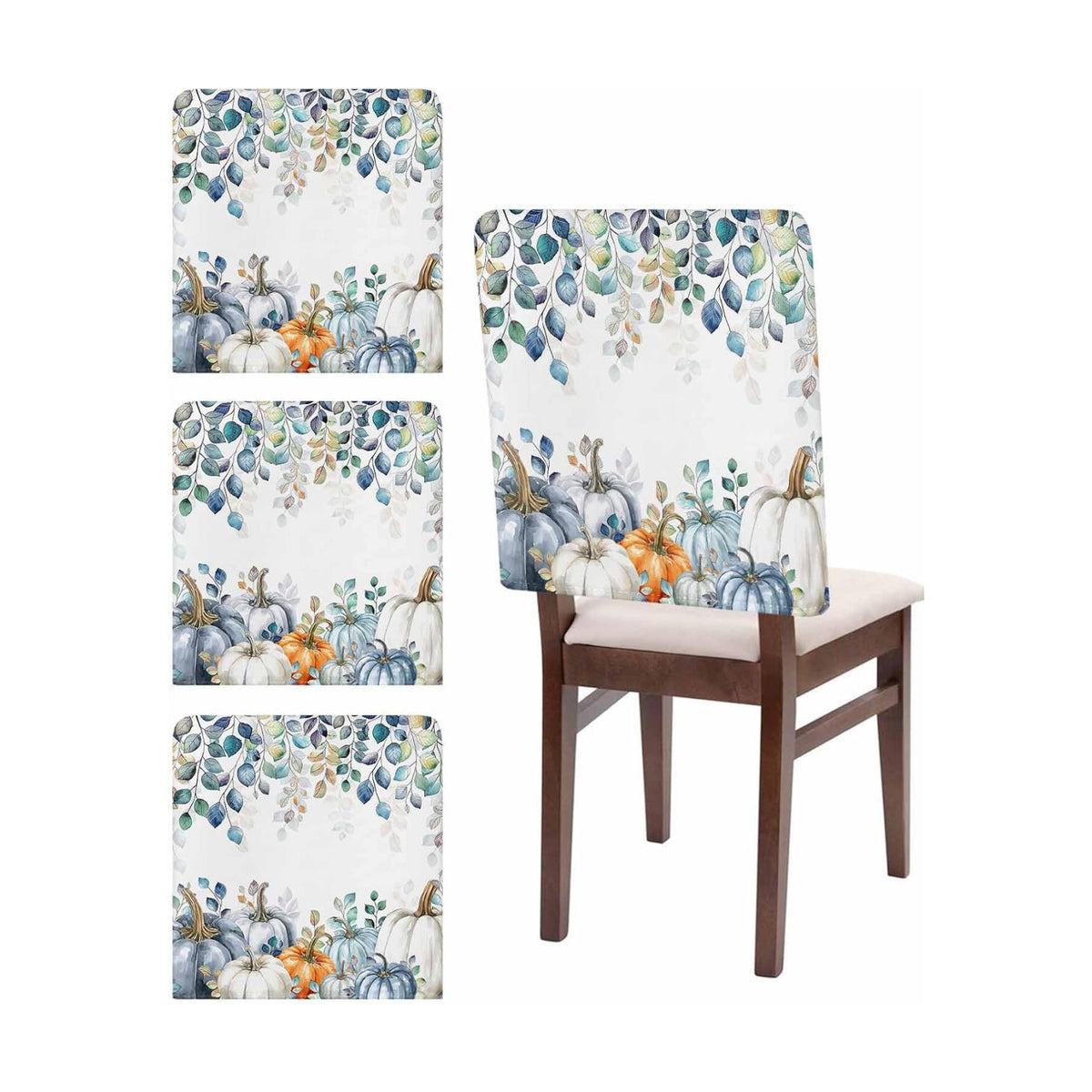 Fall Chair Covers Set of 4 Blue Eucalyptus Leaves Pumpkin Chair Slipcover Protector Removable Stretch Chair Covers Autumn Watercolor Leaf Thanksgiving Chair Back Covers for Dining Chairs Kitchen Party