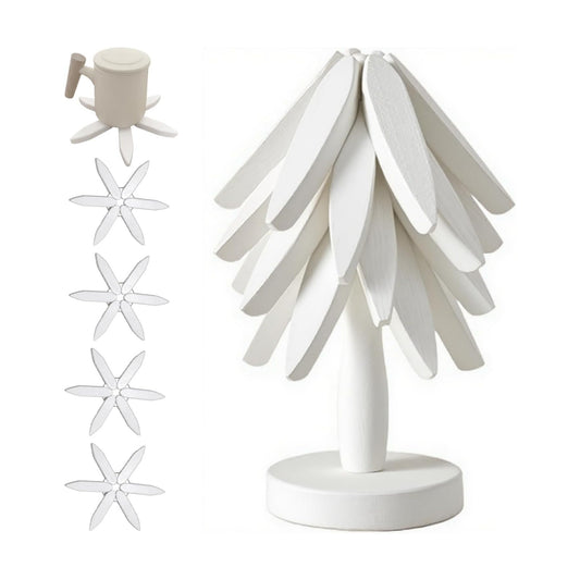Wooden Trivets for Hot Dishes, Tree Shape Trivet Set, 4 Walnut Wood + 1 Stand stored Like a Christmas Tree,Foldable
