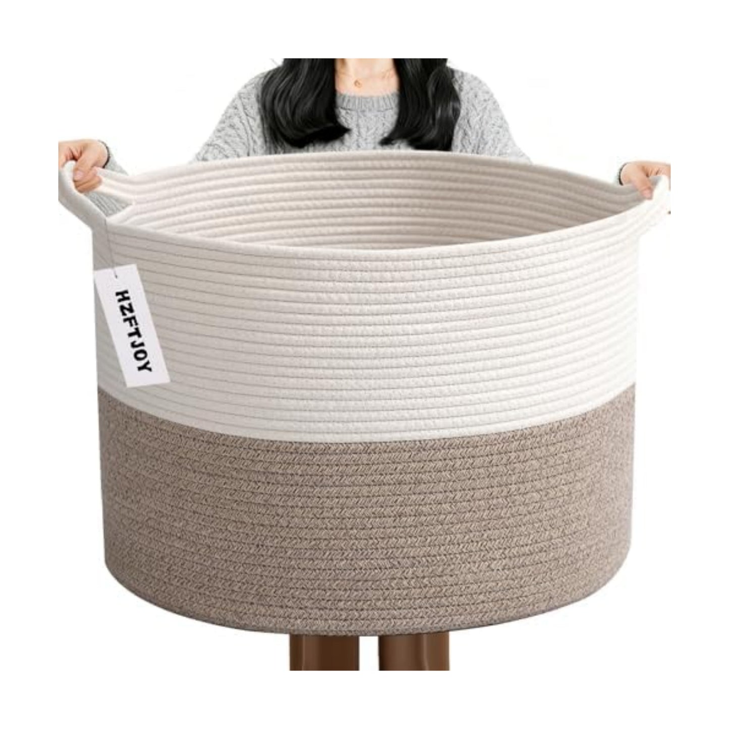 115L Extra Large Blanket Basket,Woven Laundry Basket- White & Brown