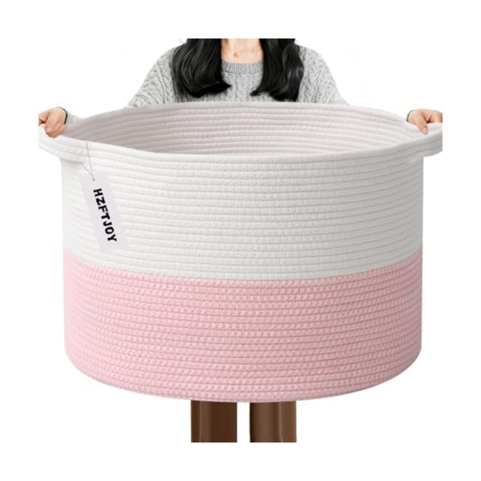115L Extra Large Pink Woven Cotton Rope Basket with Handles