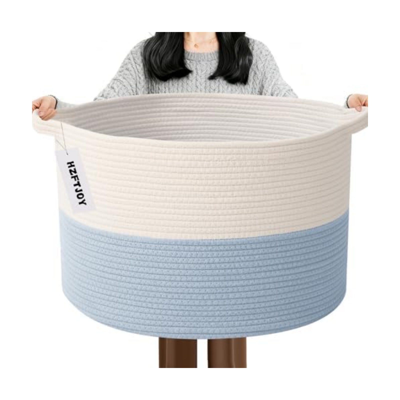 65L Extra Large Woven Blanket Basket, Laundry Basket-White&Blue