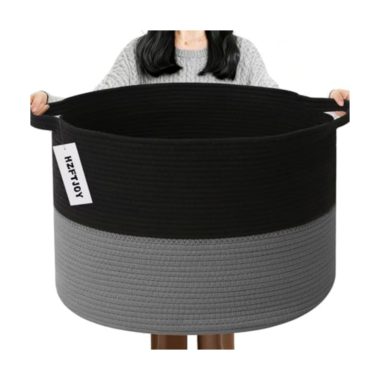 65L Large Blanket Basket,Woven Rope Laundry Basket-Black&Dark Grey