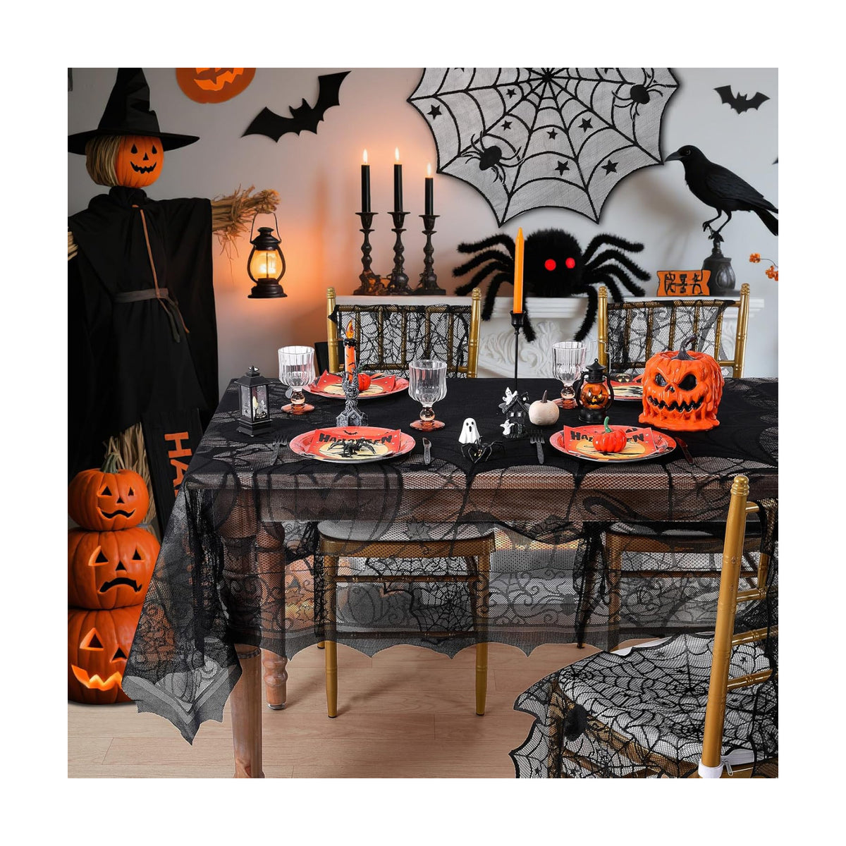 LuoluoHouse Lace Halloween Tablecloth 60x84 Inch Rectangular Spider Web