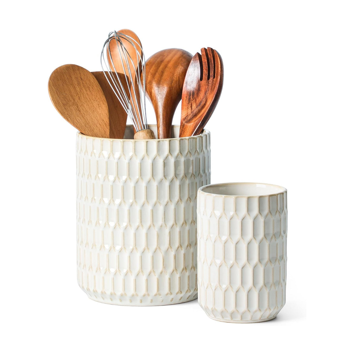Utensil Holder Set of 2, Large & Small Ceramic Crocks for Kitchen | Countertop, Farmhouse Kitchen Decor, Thick Durable