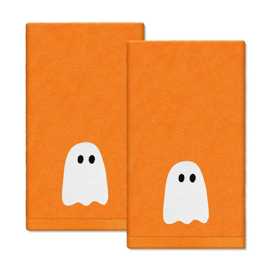 JarThenaAMCS 2 Pack Halloween Hand Towels Embroidered Orange Ghost Cotton Dish Towel for Bathroom Hand Drying Kitchen Cleaning Towel Gift Set, 29.5 x 13.7 Inch