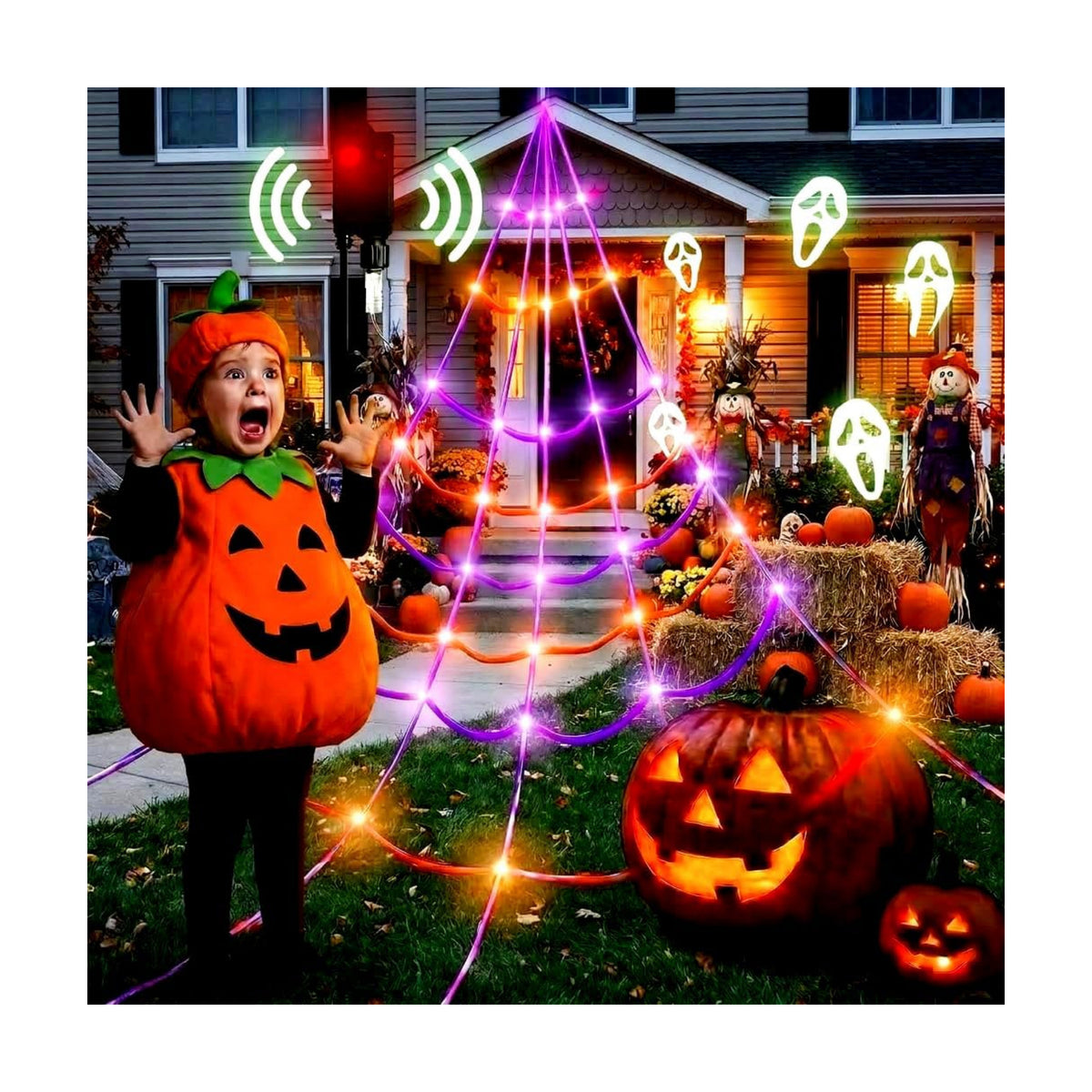 [Motion Activated Lighting&Speaking] 20 * 17FT Halloween Spider Web 150 Led Purple&Orange Lights Light Up Lighted Triangular Giant Waterproof with 200sqft Cobweb for Outdoor Decor Yard Decoration
