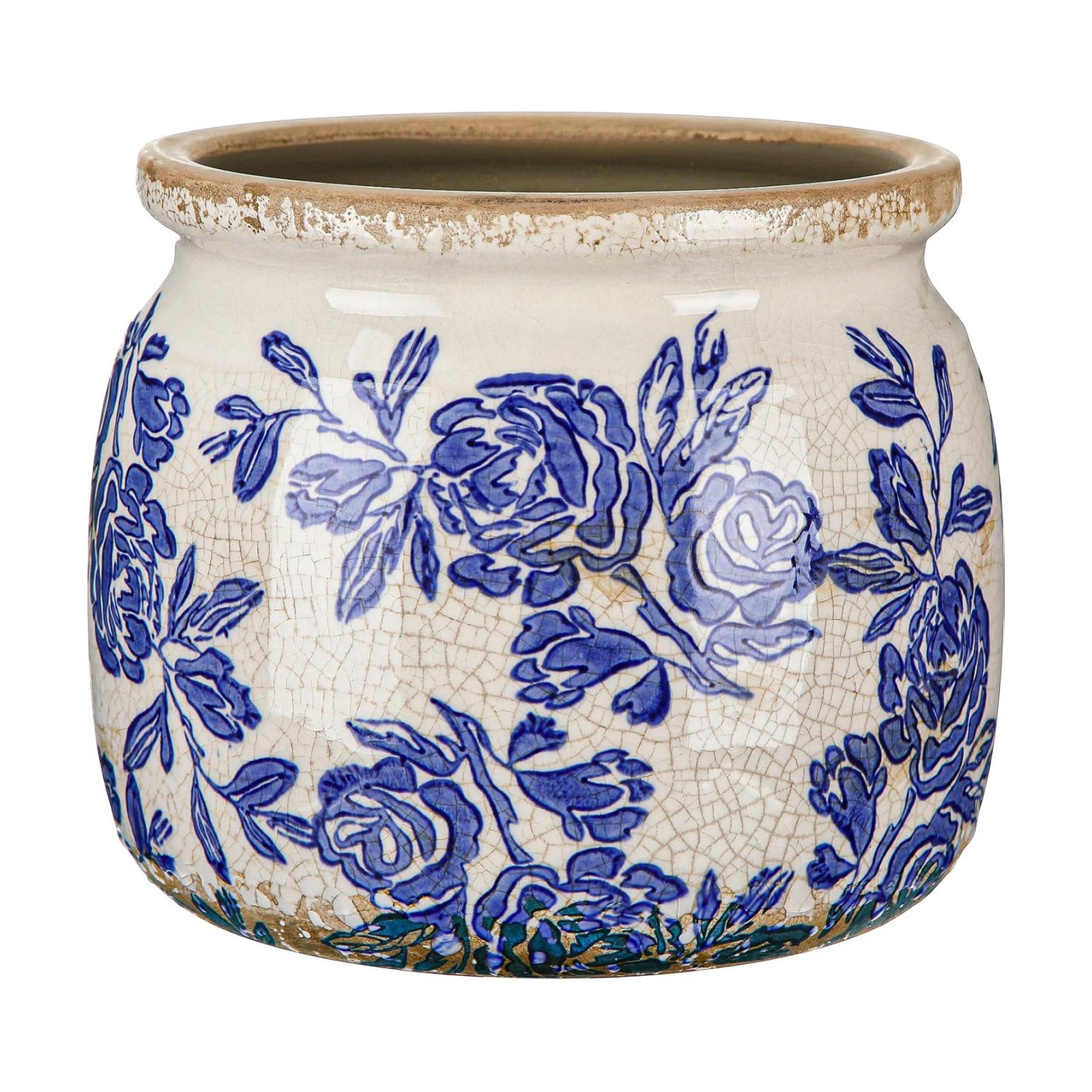 Vintage Chinoiserie Planter Large Ceramic Plant Pot / Blue Rose / Beige and Blue